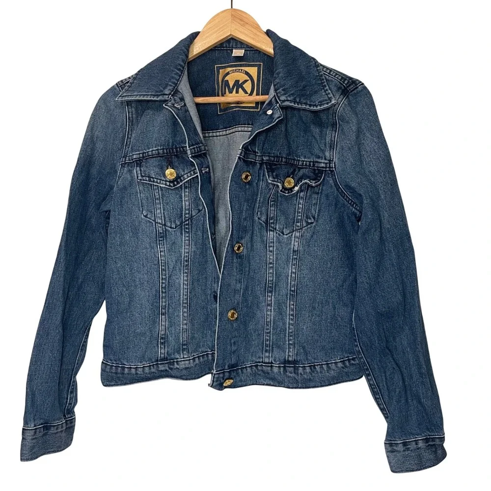 Michael Kors MK Denim Jacket Womens Medium Blue Gold Logo Button Trucker Style